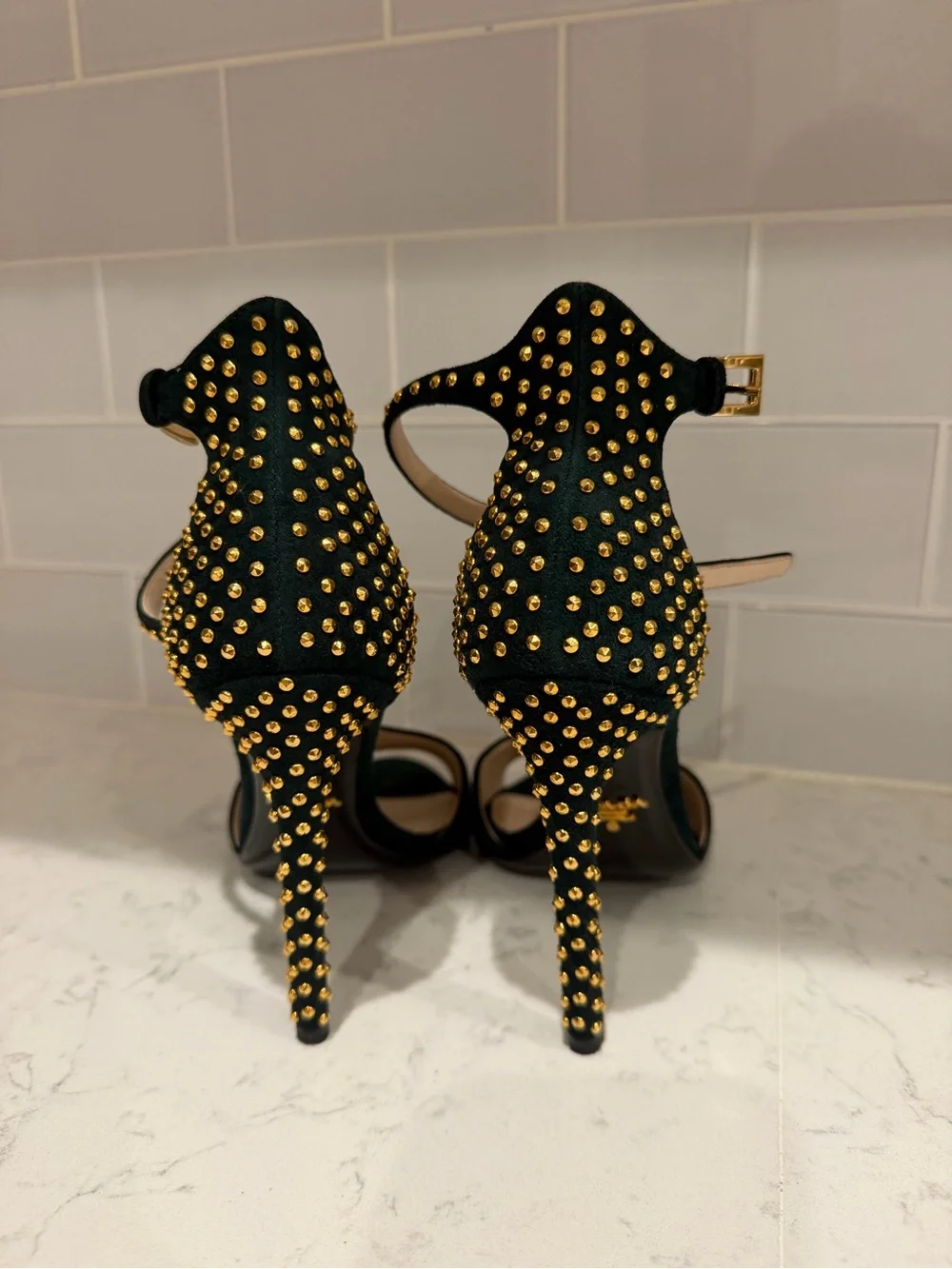 Prada Black Suede T-Strap Studded Ankle-Heel Sandals